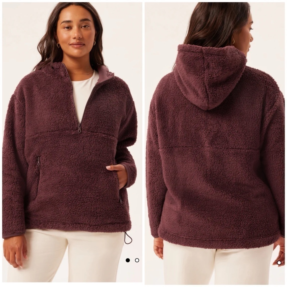 Girlfriend Collective Recycled Half-zip Fleece Sherpa Hoodie Raisin Brown Sz XS